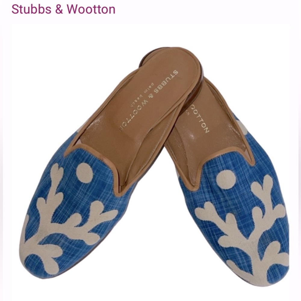 Stubbs & Wootton/Palm Beach handcrafted Beautiful Blue and White Coral Mule 7.5
